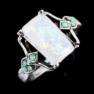 CLEARANCE - Fire Opal & Moss Opal Ring on 925 Sterling Silver Band - Women's  